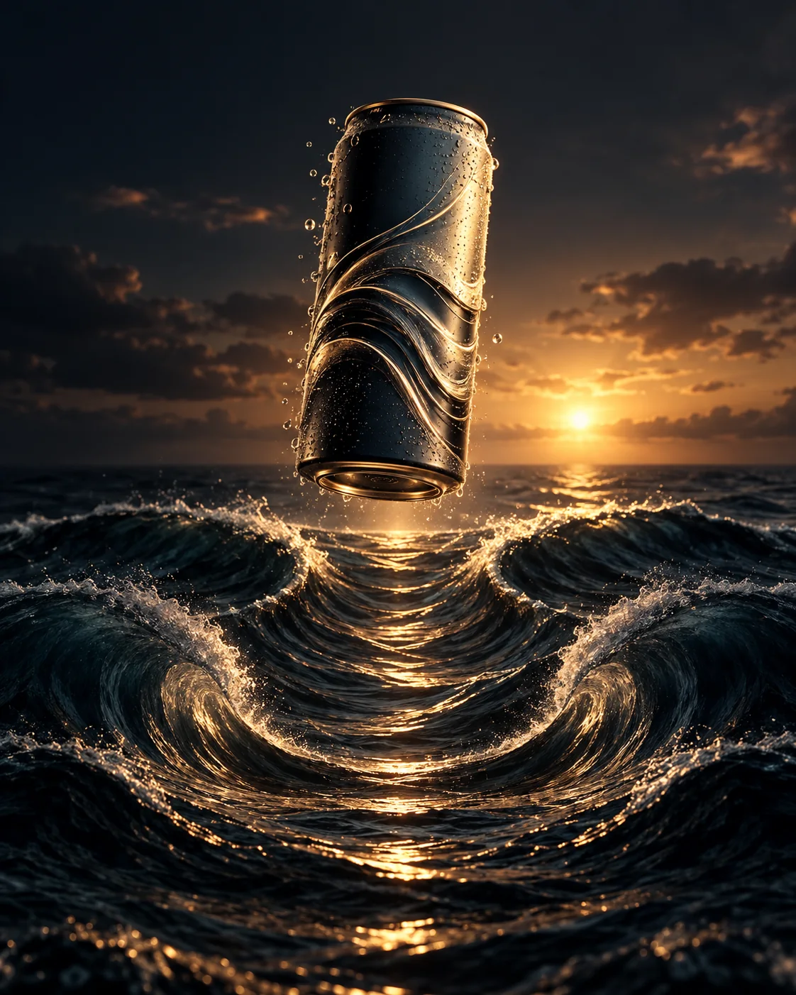 Premium beverage can hovering above ocean waves