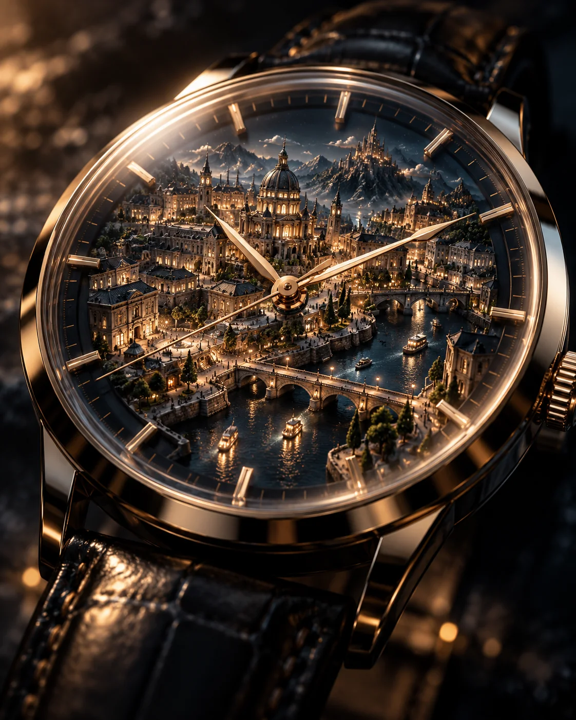 Luxury watch with a miniature city inside the dial